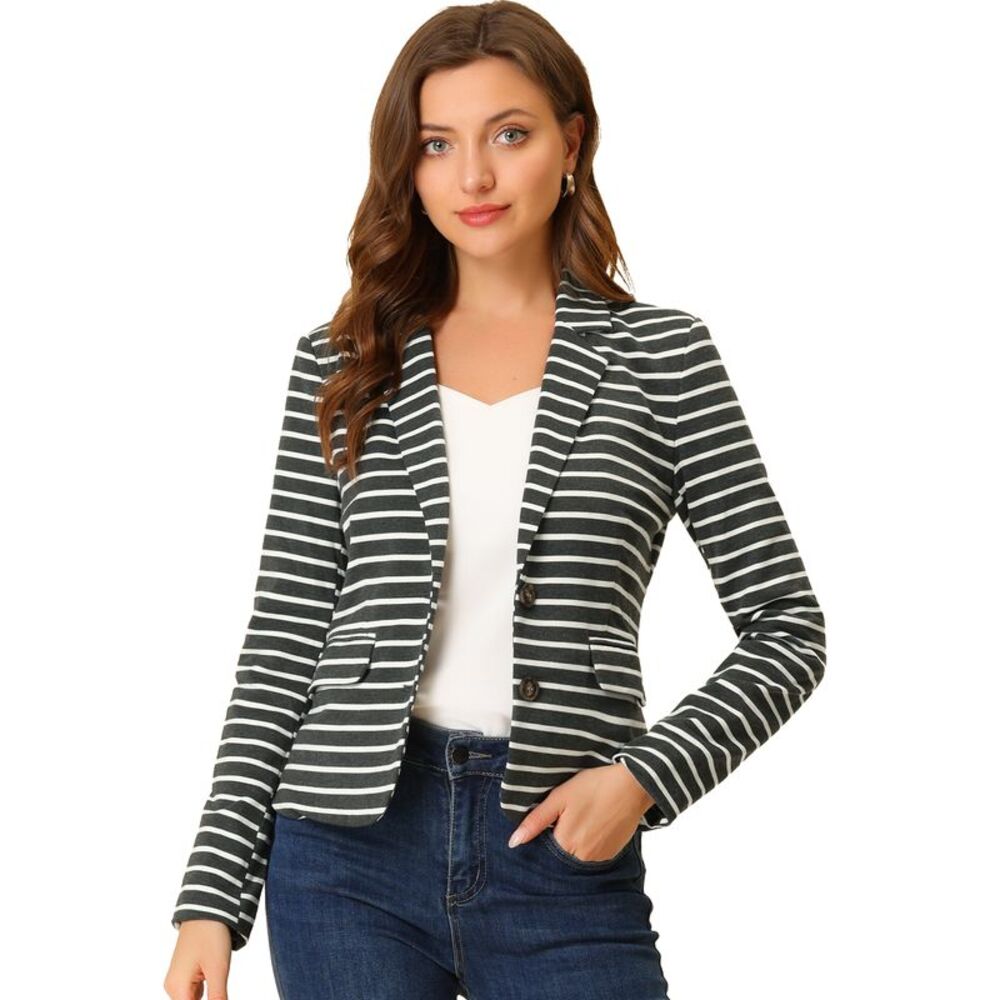 Notched Lapel Pocket Button Closure Striped Blazer Grey White